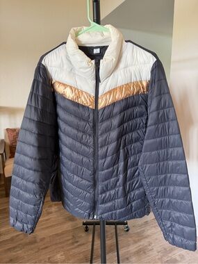 Old Navy Colorblock Chevron Puffer Jacket - Navy, White & Copper
